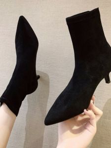 Fashionable Korean Style Pointed Toe High Heel Boots Womens Autumn Winter Short Martin Boots Thin Heel All Match Boots