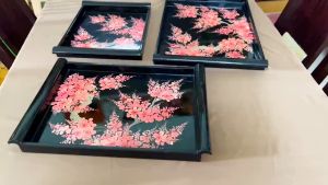Bộ 3 Khay  sơn mài cao cấp Thanh Bình Lê - Mã KC01 Họa tiết Hoa Đào sinh động