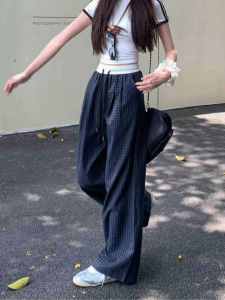 Sweet Style Loose Wide Leg Casual Pants Women Summer Thin Elastic Waist Drawstring Straight Walk Long Trousers Korean Version
