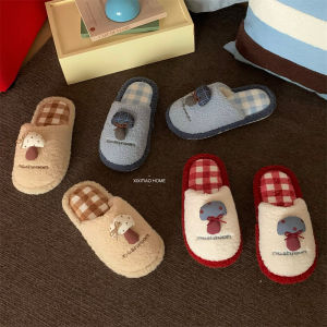 2025 New Student Fluffy Slippers Womens Anti-slip Comfortable Retro Color Block Small Mushroom Home Cotton Slippers