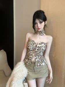 GUZILIAN | American Retro Spicy Girl Style Pleated Wooden Edge Halter Vest Women Fashion Design Sense Leopard Print Hollow Out Top