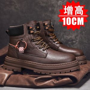Mens High-Top Invisible Heightening Martin Boots 10cm British Style Leather Surface Retro Casual Thick Bottom Workwear Motorcycle Boots