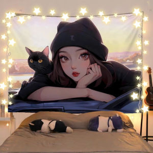VIKAMA Sunset Anime Girl & Cat Tapestry Aesthetic Wall Hanging Room Decor for Bedroom Living Room Dorm