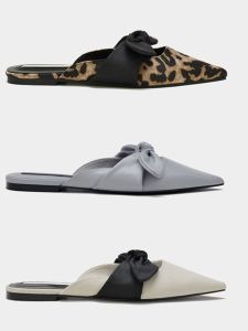 Spring 2024 Women's Flat Bottom Butterfly Knot Pointed Toe French Style Semi Slipper Leopard Print Outdoor Wear Mule Shoes