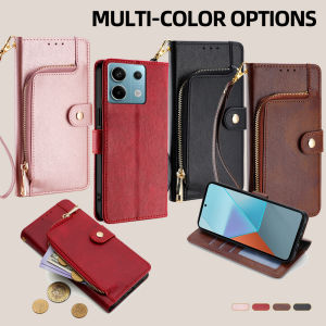 Poco X6 Business Leather Flip Phone Case for Xiaomi Poco X6 X5 X4 X3 Pro 5G GT NFC Zipper Wallet Case with Card Slots Lanyard