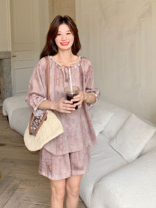 YINLUOYA | Bohemian Summer Outfit Two-Piece Set Vacation Style Short Shorts Top Bottom Matching Ensemble Round Neckline Sleeve Length 7