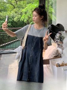 ฤดูร้อน บาง ลำลอง เดนิม เดรส ผู้หญิง หลวม เอว กระโปรงทรงเอ แขนสั้นความยาวปานกลาง Vintage French Tea Break เอว ลด