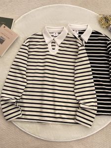 Fall American Casual Color Block Striped Long Sleeve Mens Polo Shirt Vintage Loose Lazy Turn Collar T-Shirt Fashionable Streetwear