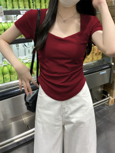 Slim-fit Cotton T-shirt for Women with Short Sleeves and Square Collar Sweet Spicy Style Summer Essential in Pure Color