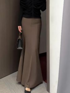 Elegant Simple Pure Color Slim High Waist Fish Tail Half Skirt Womens Fashionable Versatile Autumn New Style Commute High Waist Long Skirt