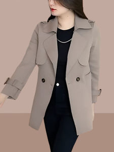 เสื้อแจ็คเก็ตผู้หญิงแฟชั่นฤดูใบไม้ผลิและฤดูใบไม้ร่วง ทรงหลวม ปกเสื้อสูท กระดุมสองแถว สีพื้น เสื้อคลุมยาวปานกลาง