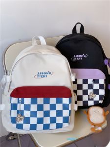 Retro Japanese Style Plaid Double Shoulder Bag for Women Travel Backpack Simple Versatile College Student Bookbag Trendy