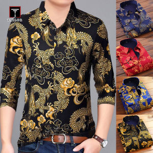 TAILOR เสื้อลายมังกร 2024เสื้อเชิ้ตผู้ชายให้ความอบอุ่นเสื้อเชิ้ตลายสก๊อตพิมพ์ลายมังกรจีนสำหรับวัยกลางคนและผู้สูงอายุไซส์ใหญ่แขนยาวเพิ่มความหนาบุขนช