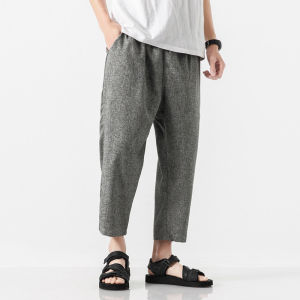 2026 New Summer Men Linen Pants Calf Length Pants Japanese Breathable Loose Casual Pants Thin Elastic Waist Trousers M-5XL