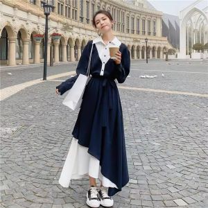 Polo Collar Asymmetrical Shirt Dress Womens Spring Autumn New Style Elegant Maturity Slimming Long Skirt High Waist Long Sleeve