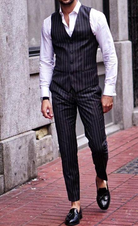Adbcolection- Satu set Rompi Celana Pria Motif Salur Garis Garis Setelan Jas Rompi