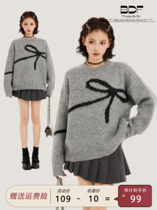 สีเทาเข้ม ถัก เสื้อสวม เสื้อสเวตเตอร์ มีโบว์ไทคอกลม หลวม Fit หนาขึ้น ผู้หญิง ฤดูหนาว ฐานการสึกหรอด้านใน เสื้อท่อนบน