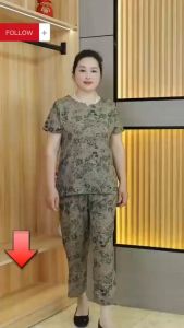 Đồ bộ trung niên cho mẹ mặc nhà vải Lụa Pháp trung niên nữ họa tiết quần dài ống nhỏ cao cấp. VD02