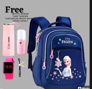 Tas ransel anak perempuan remaja SD SMP model Frozen gratis botol minum jam tangan nano spray gantungan tas bunga tas ransel