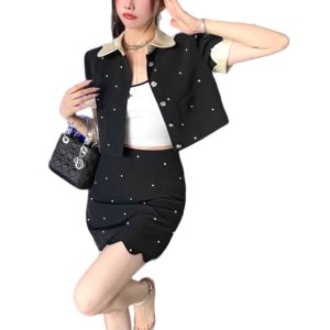 P013-009 PIMNADACLOSET - V Collar Short Sleeve Button Down Embellished And High Waist Short Skirt Set