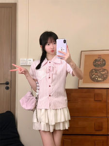 Áo Thun Tay Ngắn Thêu Chữ Ren Phong Cách Hàn Quốc Cổ Polo Tay Ngắn Màu Bưởi Ngắn Họa Tiết Sọc Mùa Hè 2025