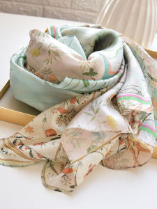 Elegant Long Silk Scarf 100% Mulberry Silk Lightweight Spring Summer Autumn Fashionable Plant Floral Print Versatile Wrap for Women