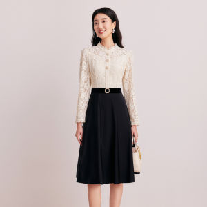 Koradior | Elegant and Youthful Lace Patchwork Long Sleeve Dress