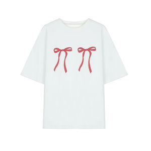 Loose Cotton Butterfly Knot Short Sleeve T-Shirt Women plus Size Harajuku Style Student Pure Cotton Top White Print Korean Version