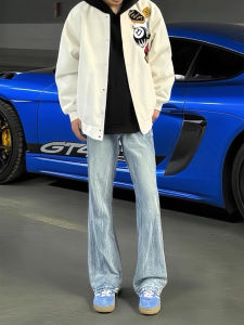 Washed American Lightning Pattern Straight Leg Jeans Mens Slim Fit OOTD High Waist Narrow Version Micro Flare Long Trousers