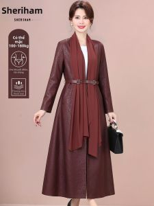 Áo Khoác Trench Coat Gọn Gàng Kết Hợp Khăn Quàng Cổ cho Phụ Nữ Trung Niên Thời Trang