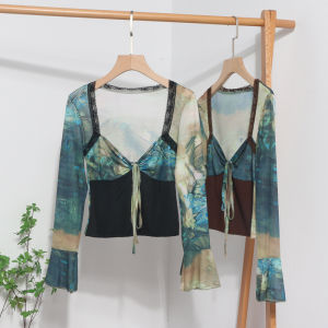 Áo Thun Nữ Tay Dài in Họa Tiết Phong Cách Dân Tộc Cổ Vuông Ren Viền Dệt Kim Áo Thun Nữ Mùa Xuân 2023