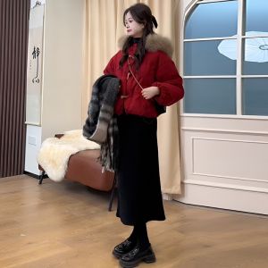 Christmas New Year Red down Jacket Womens Winter Thickened Knitted Coat Fur Collar Cotton Padded Small Size Fashionable