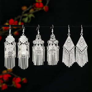 Ethnic Style Long Tassel Silver Earrings for Women Alloy Plated in Gold and Silver with Plant Florals Pattern