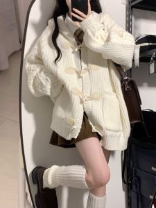 เสื้อสเวตเตอร์มีฮู้ดทรงหลวมสำหรับผู้หญิง คอลเลกชั่นฤดูหนาว ทรงหลวม สไตล์นักศึกษา ปกติ เสื้อคลุมคาร์ดิแกน ปกติ โพลีเอสเตอร์