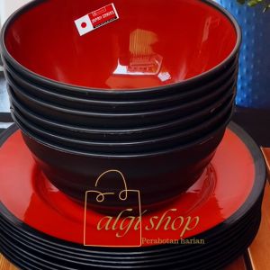 12Pcs Paket Ramen Hitam Merah Isi 6 Piring Bulat Ulir Campur 6 Mangkuk Bulat Ramen Terlaris Foodgrade