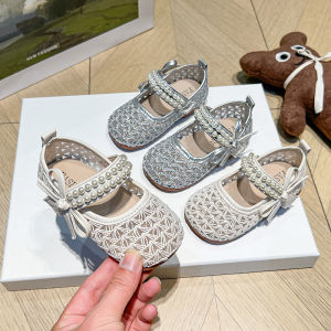 Hollow Weaving Pearl Bow Mary Jane Shoe