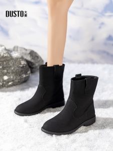 Giày Bốt Da Nỉ DUSTO Cho Nữ Mùa Thu Đông Cao Đến Mắt Cá Chân Phong Cách Tây Ban Nha Mũi Tròn Đế Cao Su Màu Trơn