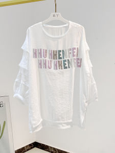 Loose Mid Length Long Length Sun Protection Three-Quarter-Length-Sleeved T-shirt Female European New Style Diamond Letters Patchwork Lace Sleeve White T-shirt Summer