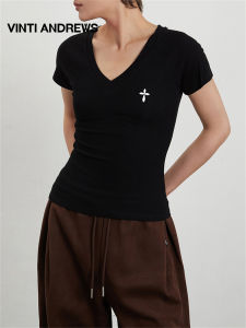 Solid Color V-Neck Fitted Short Sleeve T-Shirt