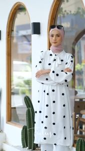 Tulus Signature Askia Set LD 115 / Oneset Wanita Setelan Celana & Long Tunik / Embroidery Pompom Airfflow Polkadot / Lengan Panjang Busui Friendly
