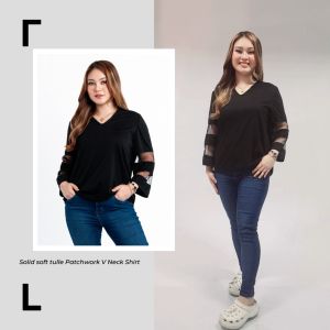 T4 ANNA TOPS Solid soft tulle Patchwork V Neck Shirt