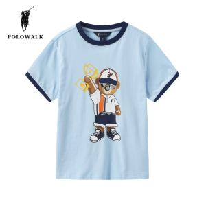 POLOWALK Áo Thun Trẻ Em Tay Ngắn in Hình Gấu Cổ Tròn Mùa Hè Mới Cho Bé Trai Áo Thun Cotton Phong Cách Hoạt Hình Cho Bé Trai