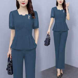 Fashionable Two-Piece Set for Young Mothers Summer 2024 Polyester V-Neck Short Sleeve Long Pants Stylish Age-Defying Ensemble