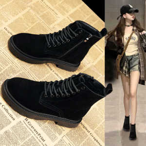 Genuine Leather Martin Boots for Women Short Boot Thick Bottom Black Winter Ladies Shoes round Toe mid Heel Autumn Spring