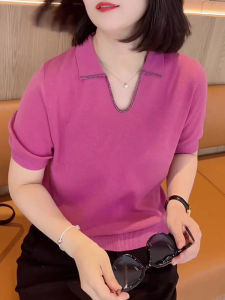 UYFY | Casual Style Turn-down Collar Short Sleeve T-shirt Womens Plus Size Slimming Summer New Commute Top Pink Polyester Fiber