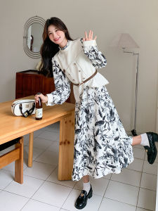 New Chinese Style Floral Print Maxi Dress Womens Long Sleeve V-Neck A-Line Skirt Commute Korean Style Waist Cinched