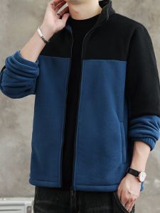 ROMON | Lormen Mens Fleece Zip-Up Hoodie Spring Autumn New Color Block Stand Collar Lamb Velvet Cardigan Outerwear Fleece Clothing