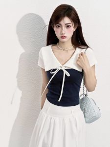 เสื้อยืดคอโปโลผู้หญิงแขนสั้นทรงสลิมฟิตสไตล์เกาหลีช่วงไหล่ เสื้อผ้าทำงานฤดูร้อน ผ้าฝ้ายผสมคอตตอนผสมโพลีเอสเตอร์