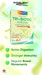 Holistic Way Bio-Elixir Super Tri-Biotic 20 Billion – Gut & Colon Health with Probiotics + Prebiotics + Postbiotics | Healthy Digestion | Stronger Immunity — Vegan (1.8g x 15 Powder Sachets per box)