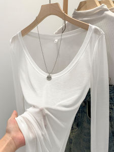 Áo Thun Dài Tay Cổ Tròn Mỏng Mùa Thu Màu Trắng Tinh Khiết Dành Cho Nữ Áo Sơ Mi Chống Nắng Cổ Chữ U Dài Tay Mùa Xuân Thu